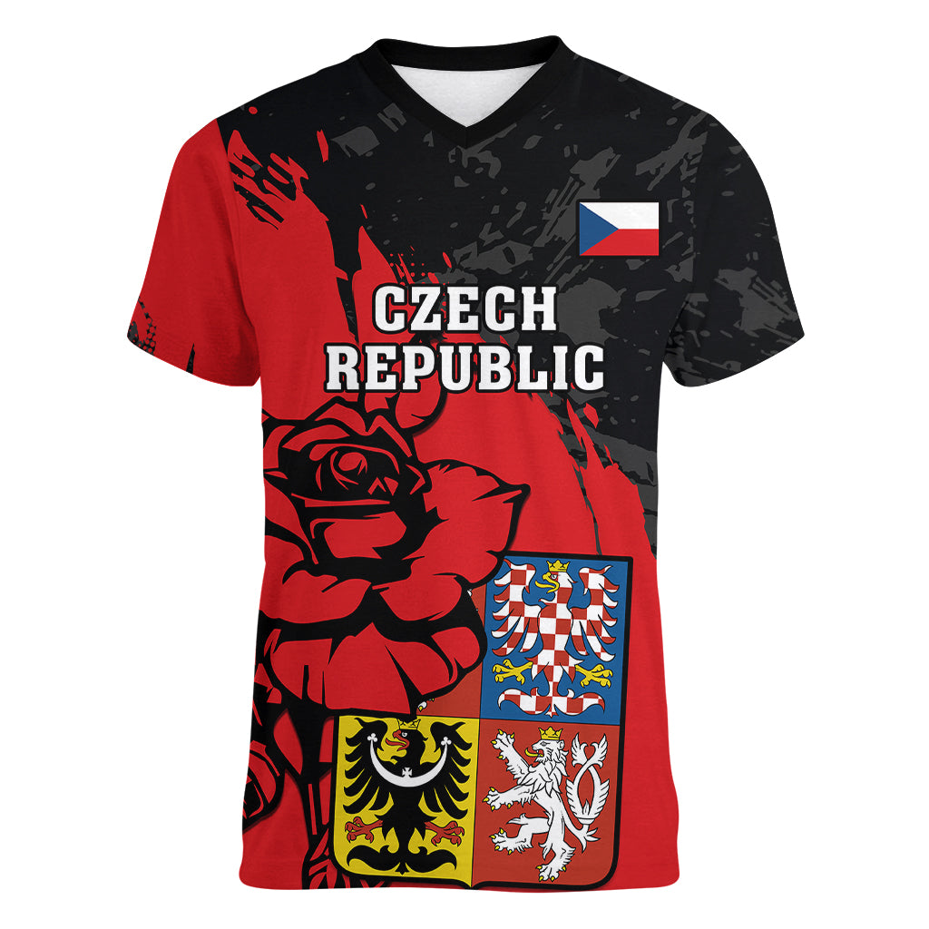 Czech Republic Independence Day Women V Neck T Shirt Coat Of Arms With Czechia Rosa - Wonder Print Shop