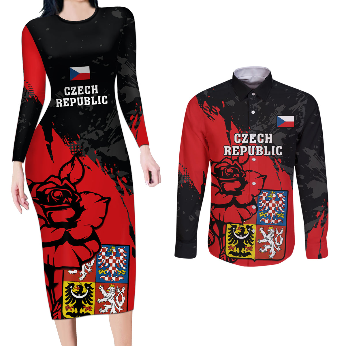 Presonalised Czech Republic Independence Day Couples Matching Long Sleeve Bodycon Dress and Long Sleeve Button Shirts Coat Of Arms With Czechia Rosa - Wonder Print Shop
