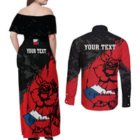 Presonalised Czech Republic Independence Day Couples Matching Off Shoulder Maxi Dress and Long Sleeve Button Shirts Coat Of Arms With Czechia Rosa - Wonder Print Shop