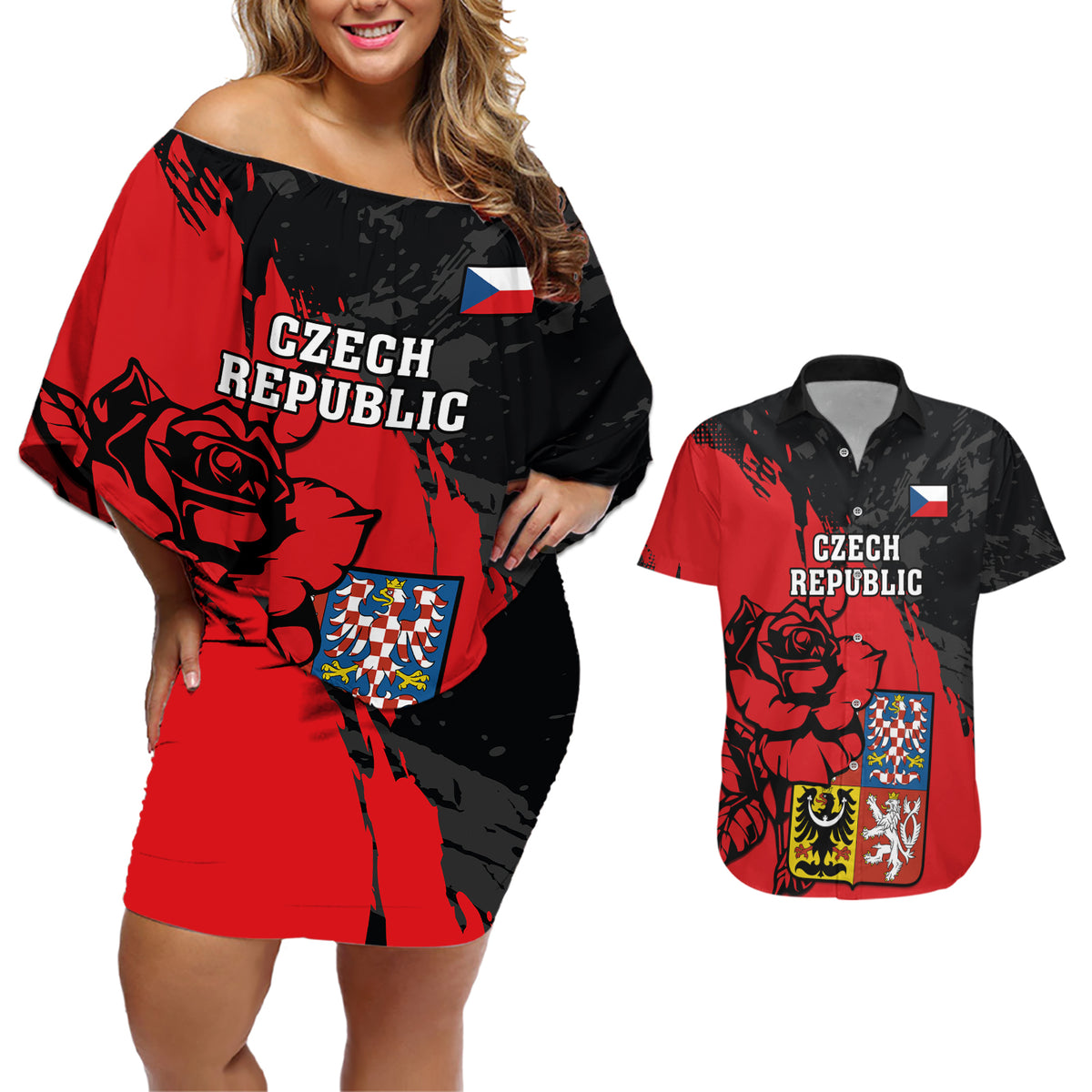 Presonalised Czech Republic Independence Day Couples Matching Off Shoulder Short Dress and Hawaiian Shirt Coat Of Arms With Czechia Rosa - Wonder Print Shop