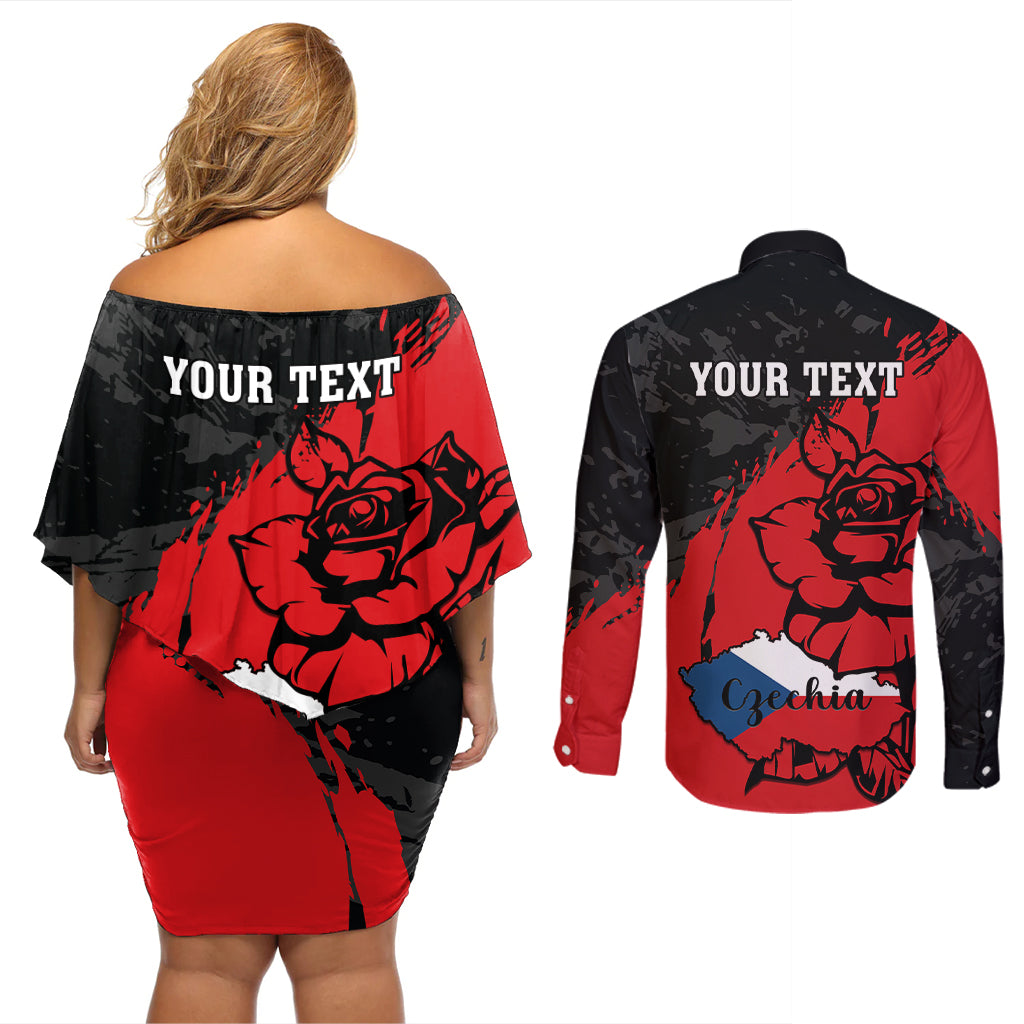 Presonalised Czech Republic Independence Day Couples Matching Off Shoulder Short Dress and Long Sleeve Button Shirts Coat Of Arms With Czechia Rosa - Wonder Print Shop