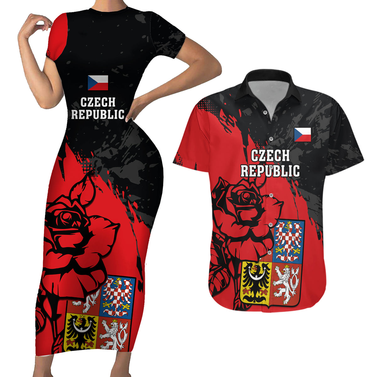 Presonalised Czech Republic Independence Day Couples Matching Short Sleeve Bodycon Dress and Hawaiian Shirt Coat Of Arms With Czechia Rosa - Wonder Print Shop
