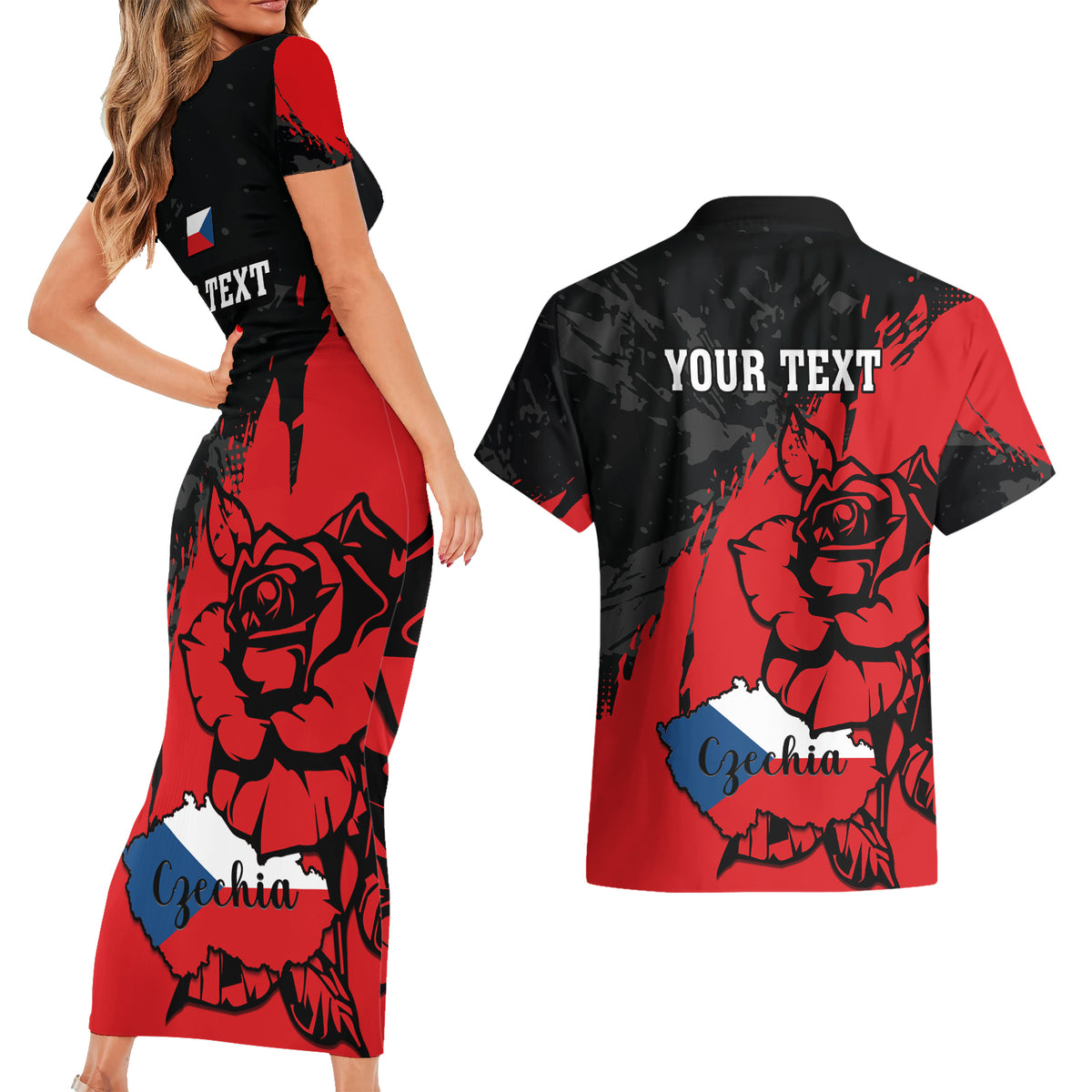Presonalised Czech Republic Independence Day Couples Matching Short Sleeve Bodycon Dress and Hawaiian Shirt Coat Of Arms With Czechia Rosa - Wonder Print Shop