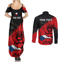 Presonalised Czech Republic Independence Day Couples Matching Summer Maxi Dress and Long Sleeve Button Shirts Coat Of Arms With Czechia Rosa - Wonder Print Shop