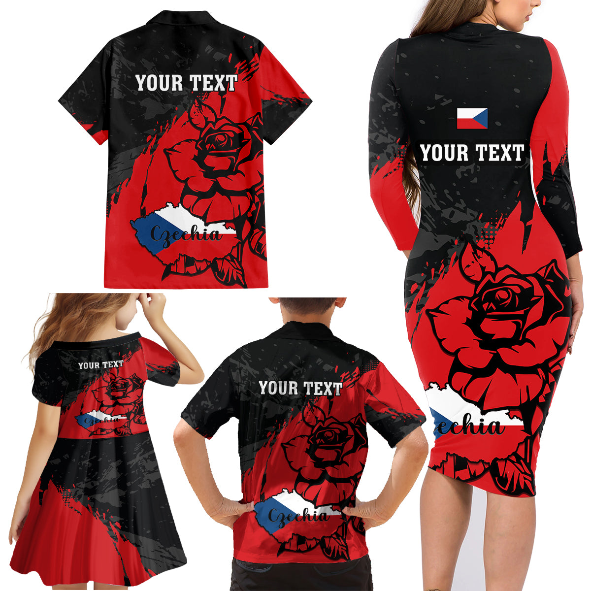 Presonalised Czech Republic Independence Day Family Matching Long Sleeve Bodycon Dress and Hawaiian Shirt Coat Of Arms With Czechia Rosa - Wonder Print Shop