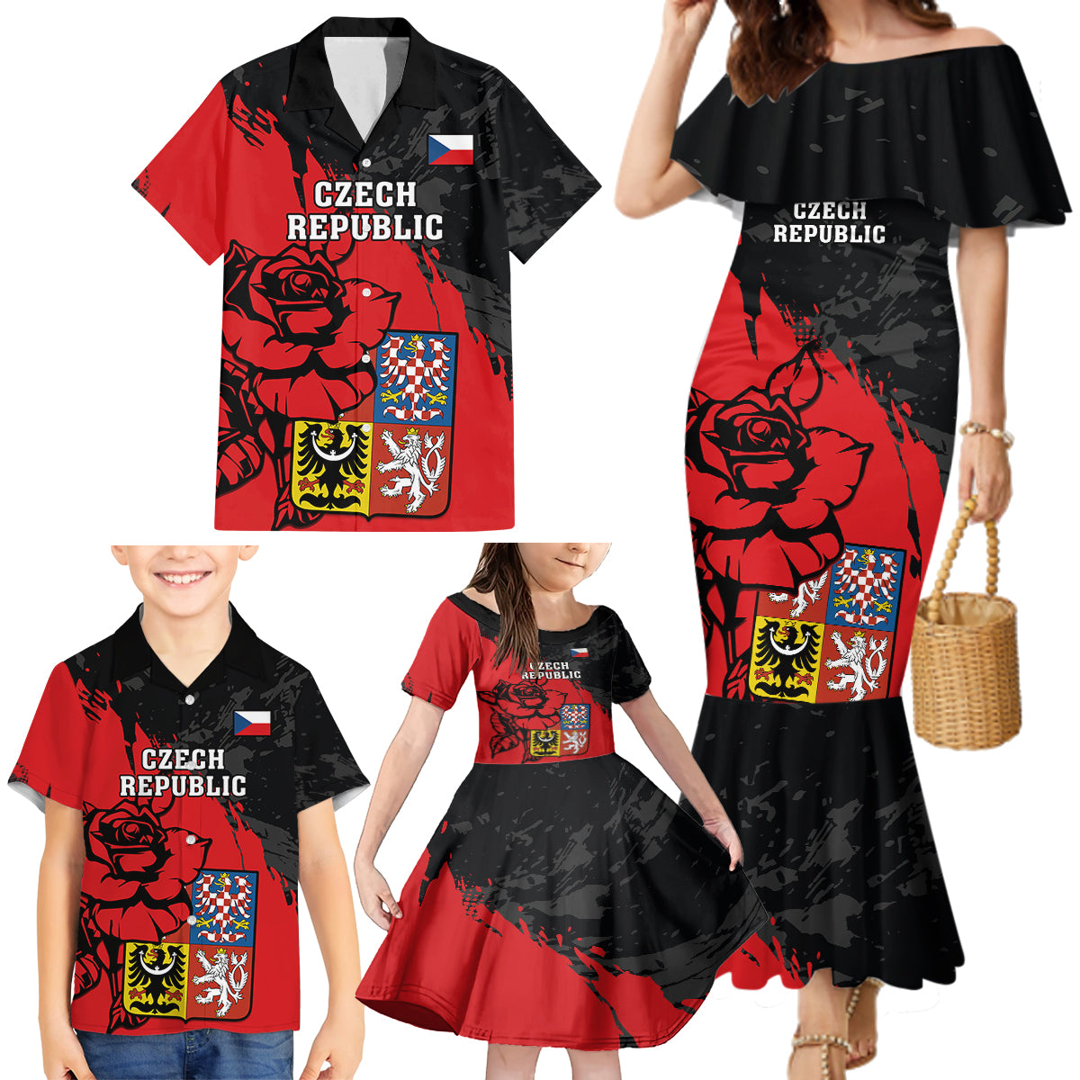 Presonalised Czech Republic Independence Day Family Matching Mermaid Dress and Hawaiian Shirt Coat Of Arms With Czechia Rosa - Wonder Print Shop