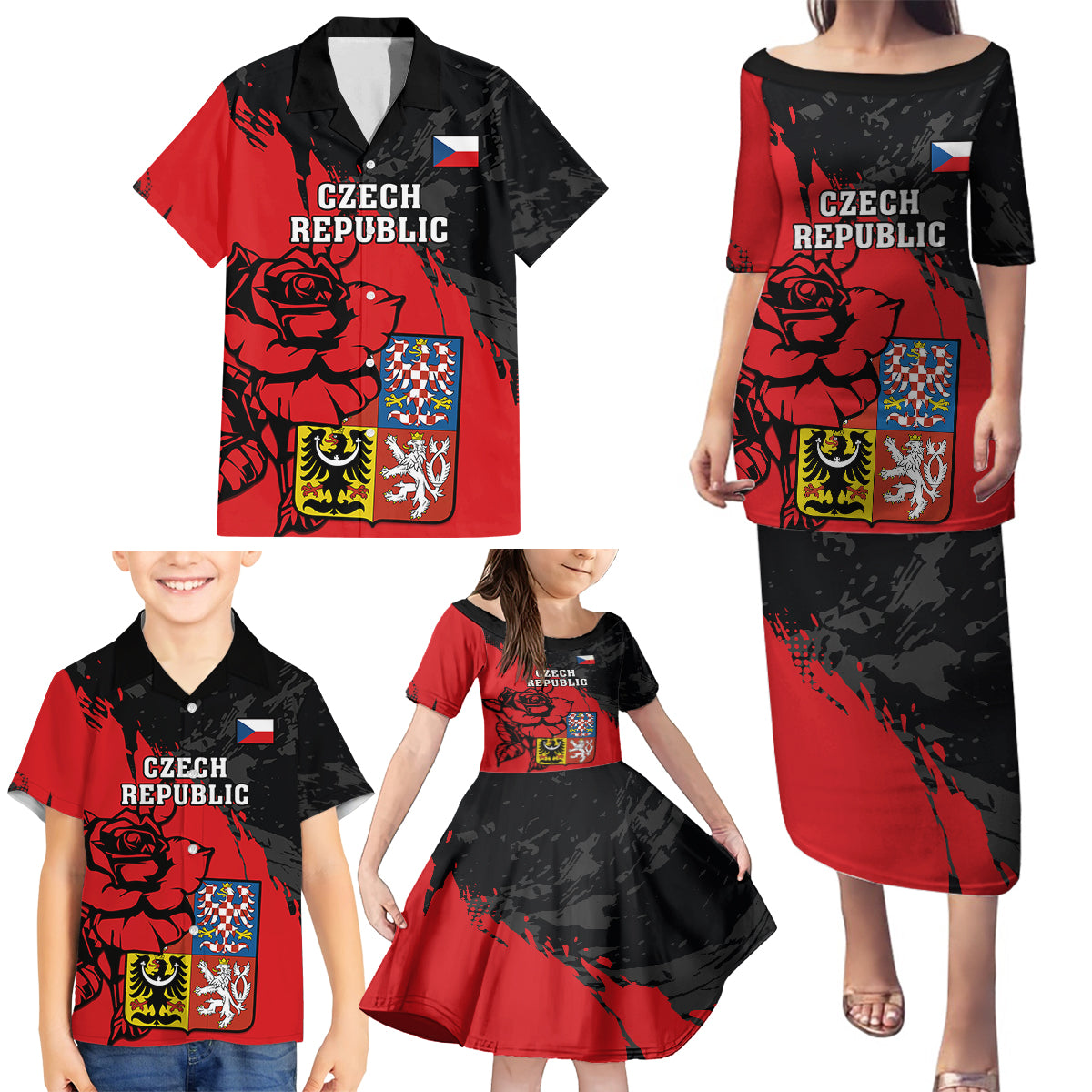 Presonalised Czech Republic Independence Day Family Matching Puletasi Dress and Hawaiian Shirt Coat Of Arms With Czechia Rosa - Wonder Print Shop