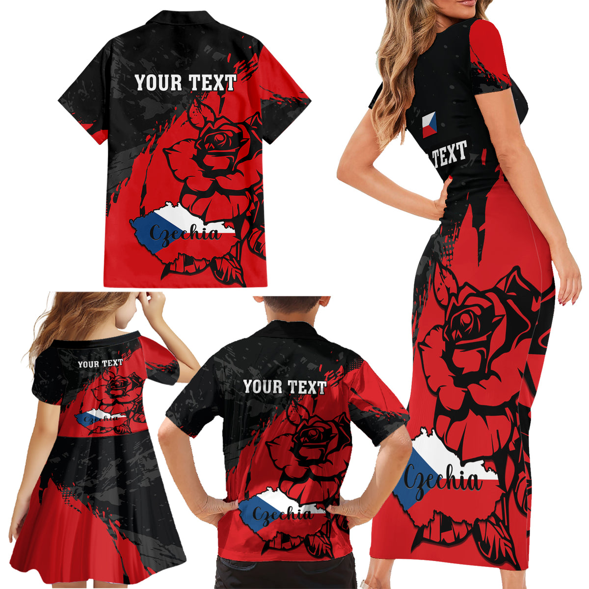 Presonalised Czech Republic Independence Day Family Matching Short Sleeve Bodycon Dress and Hawaiian Shirt Coat Of Arms With Czechia Rosa - Wonder Print Shop