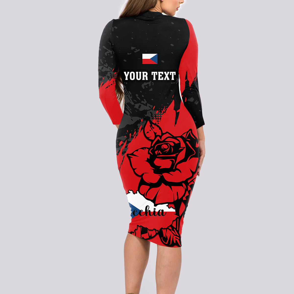 Presonalised Czech Republic Independence Day Long Sleeve Bodycon Dress Coat Of Arms With Czechia Rosa - Wonder Print Shop