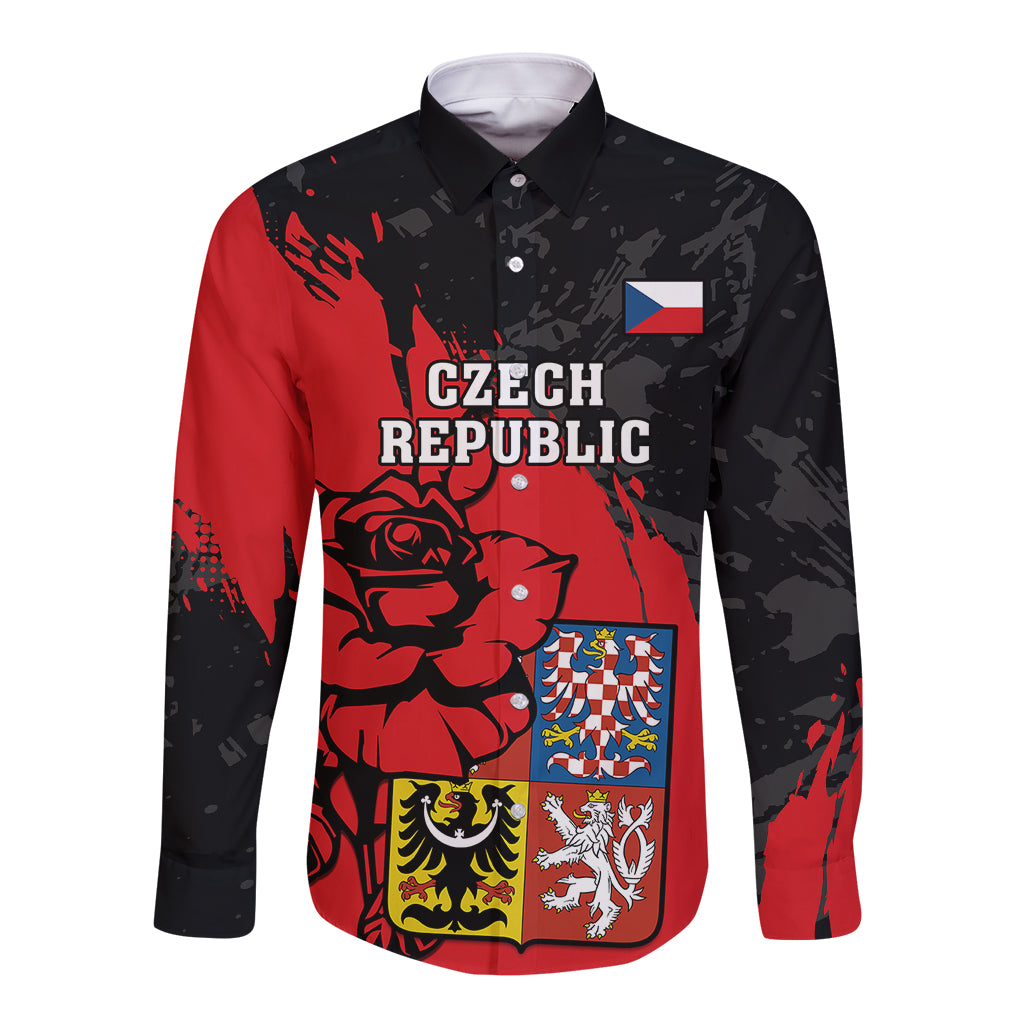 Presonalised Czech Republic Independence Day Long Sleeve Button Shirt Coat Of Arms With Czechia Rosa - Wonder Print Shop