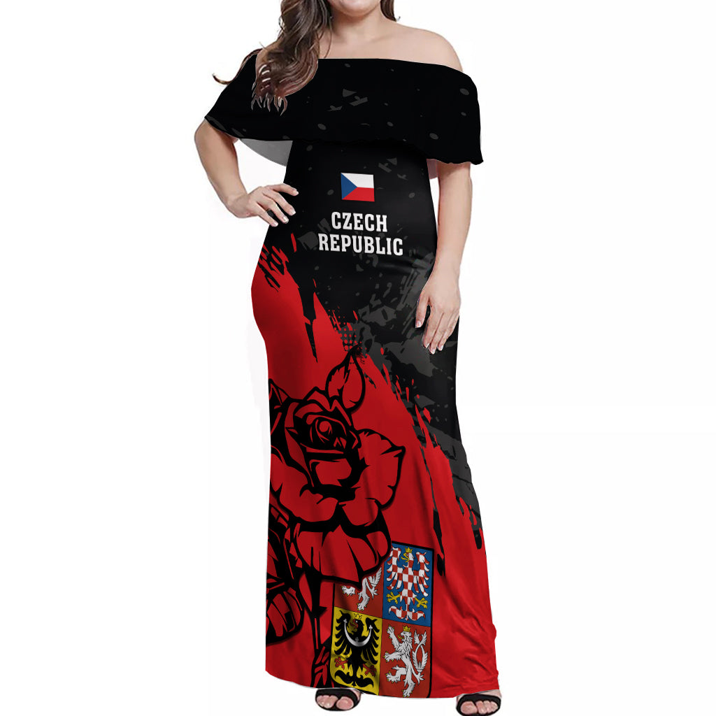 Presonalised Czech Republic Independence Day Off Shoulder Maxi Dress Coat Of Arms With Czechia Rosa - Wonder Print Shop