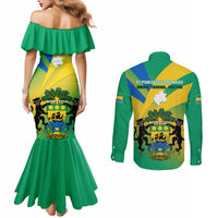 gabon-couples-matching-mermaid-dress-and-long-sleeve-button-shirts-coat-of-arms-with-flag-gradient-style