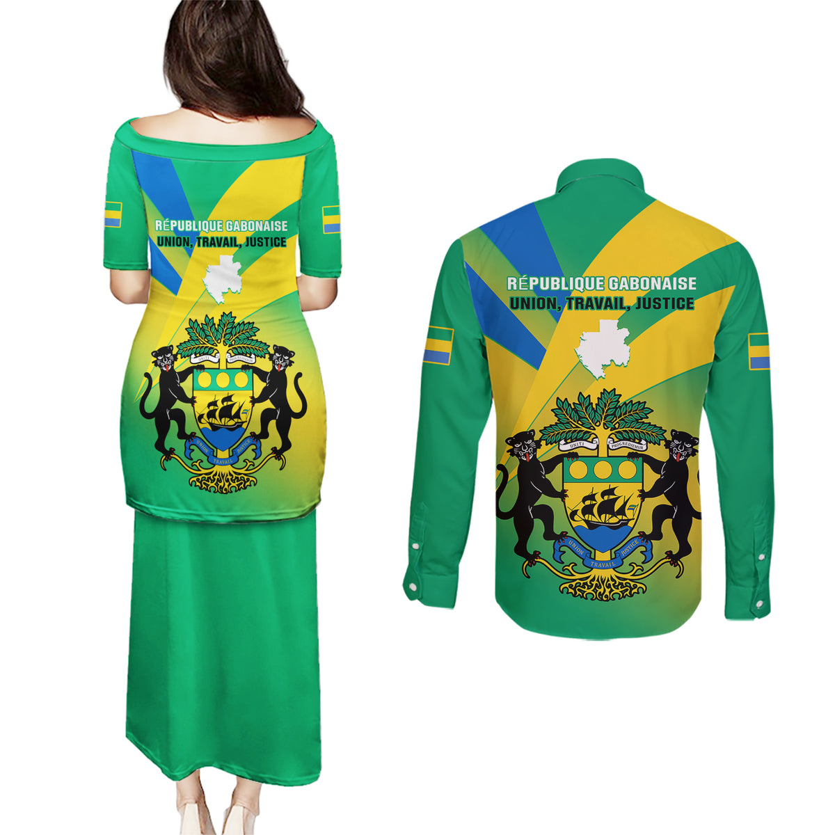 Gabon Couples Matching Puletasi Dress and Long Sleeve Button Shirts Coat Of Arms With Flag Gradient Style - Wonder Print Shop