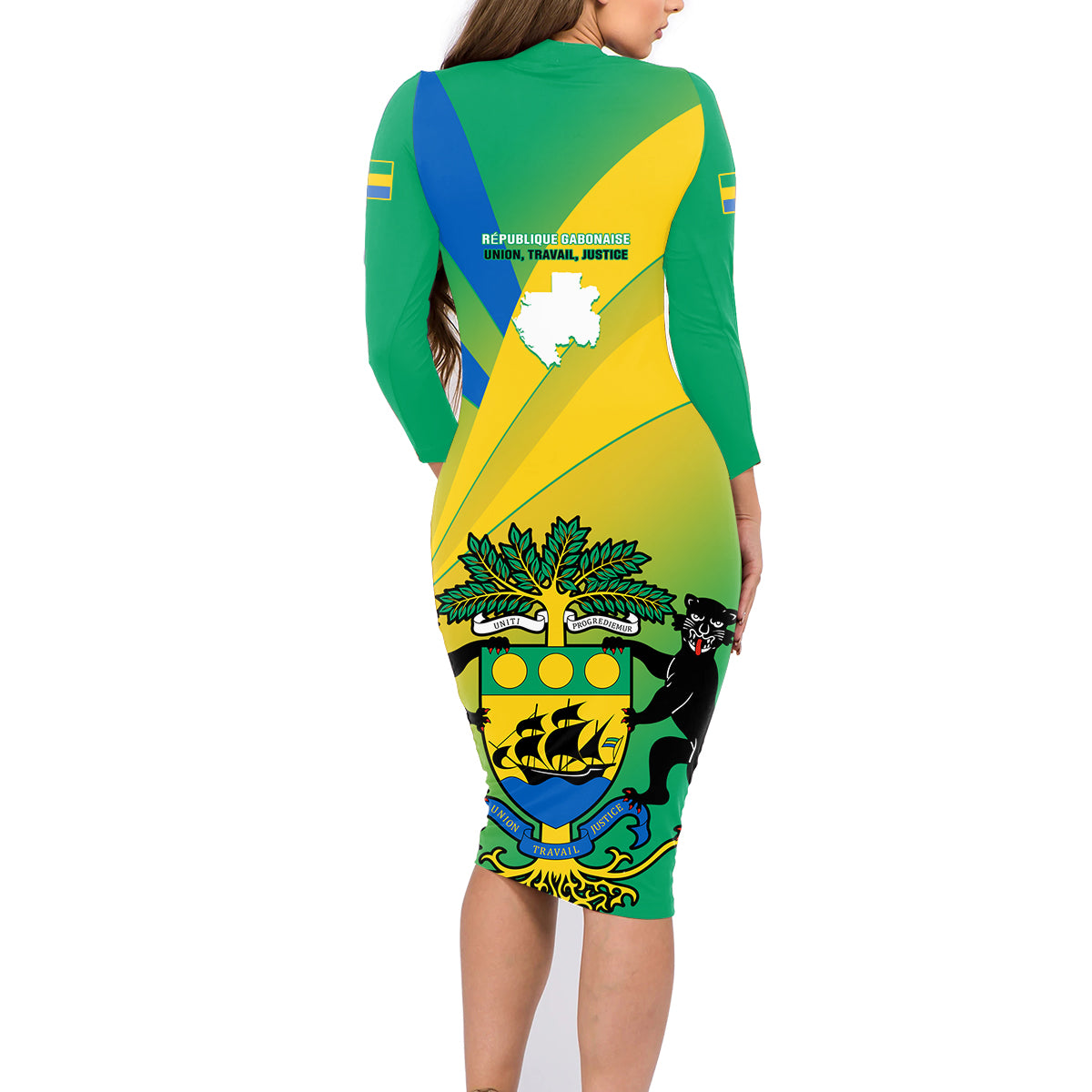 Gabon Family Matching Long Sleeve Bodycon Dress and Hawaiian Shirt Coat Of Arms With Flag Gradient Style - Wonder Print Shop