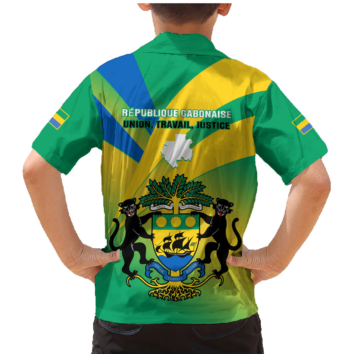Gabon Family Matching Mermaid Dress and Hawaiian Shirt Coat Of Arms With Flag Gradient Style - Wonder Print Shop