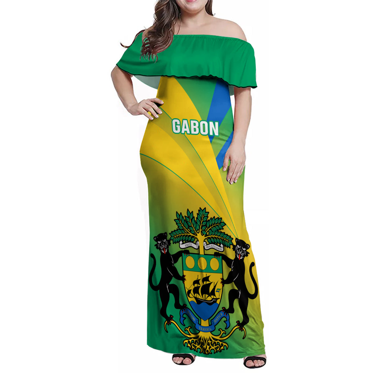 Gabon Family Matching Off Shoulder Maxi Dress and Hawaiian Shirt Coat Of Arms With Flag Gradient Style - Wonder Print Shop