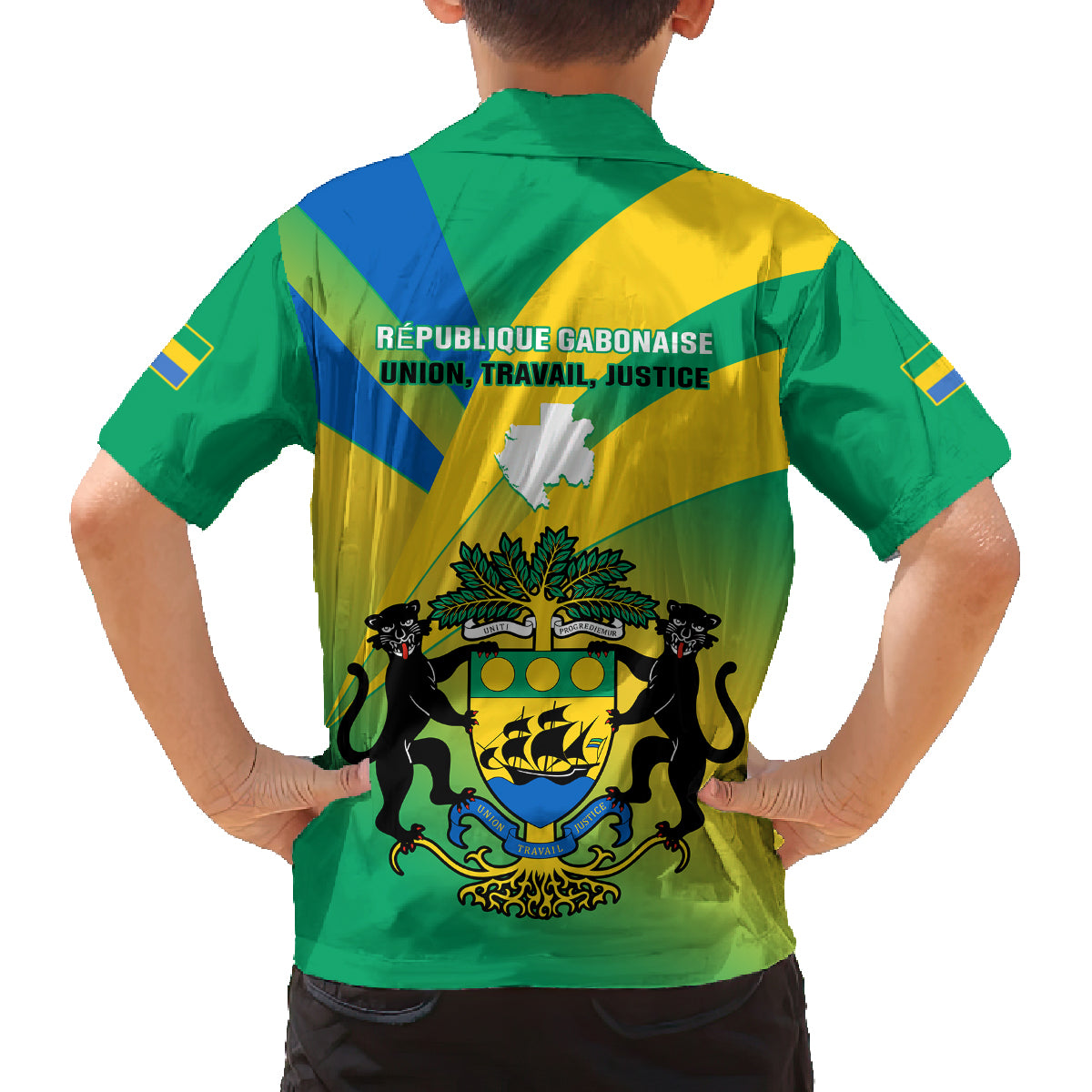 Gabon Family Matching Tank Maxi Dress and Hawaiian Shirt Coat Of Arms With Flag Gradient Style - Wonder Print Shop