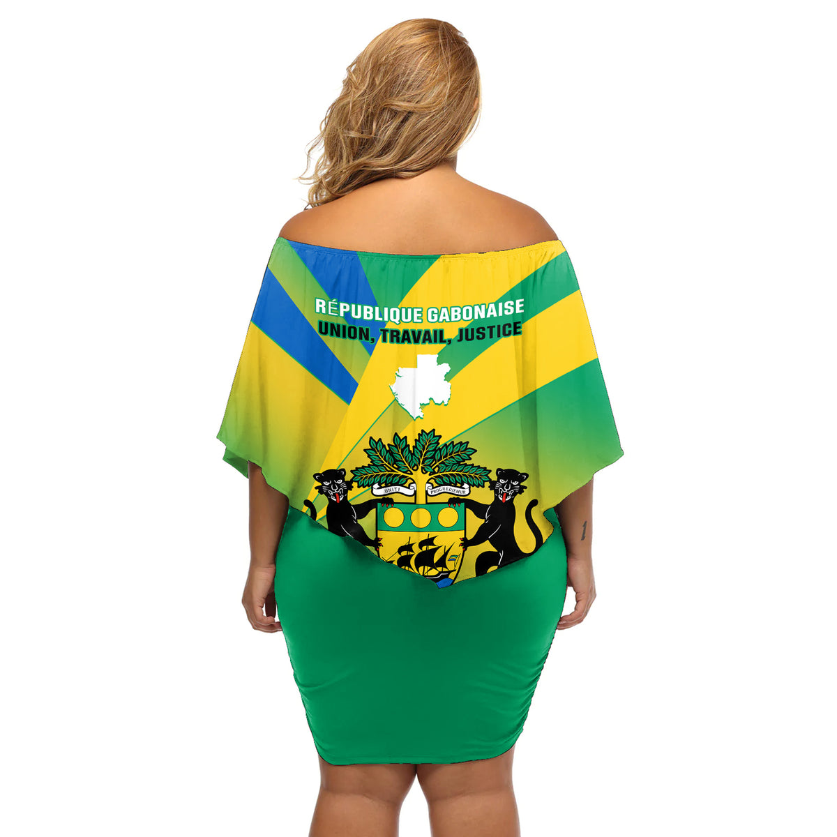 Gabon Off Shoulder Short Dress Coat Of Arms With Flag Gradient Style - Wonder Print Shop