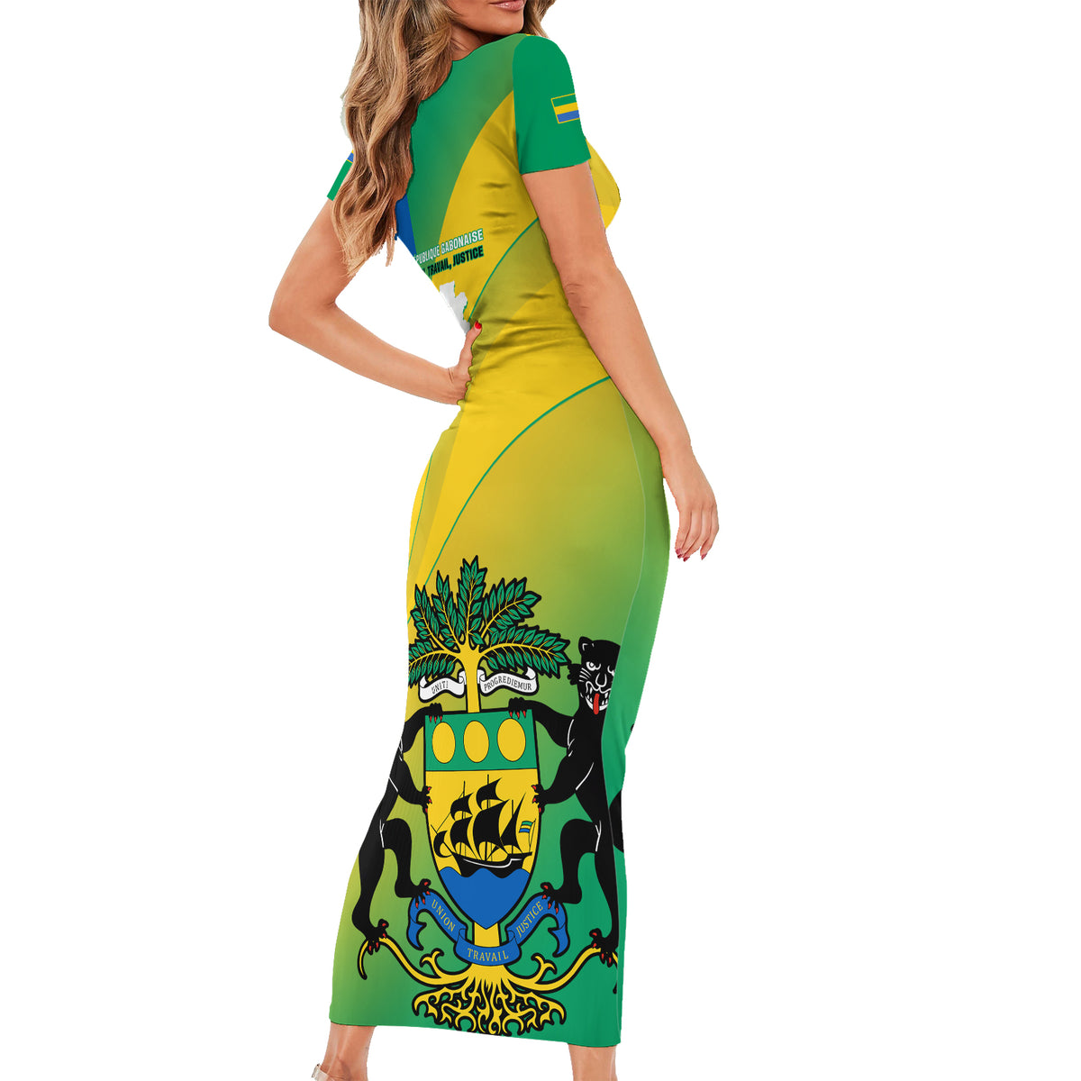 Gabon Short Sleeve Bodycon Dress Coat Of Arms With Flag Gradient Style - Wonder Print Shop