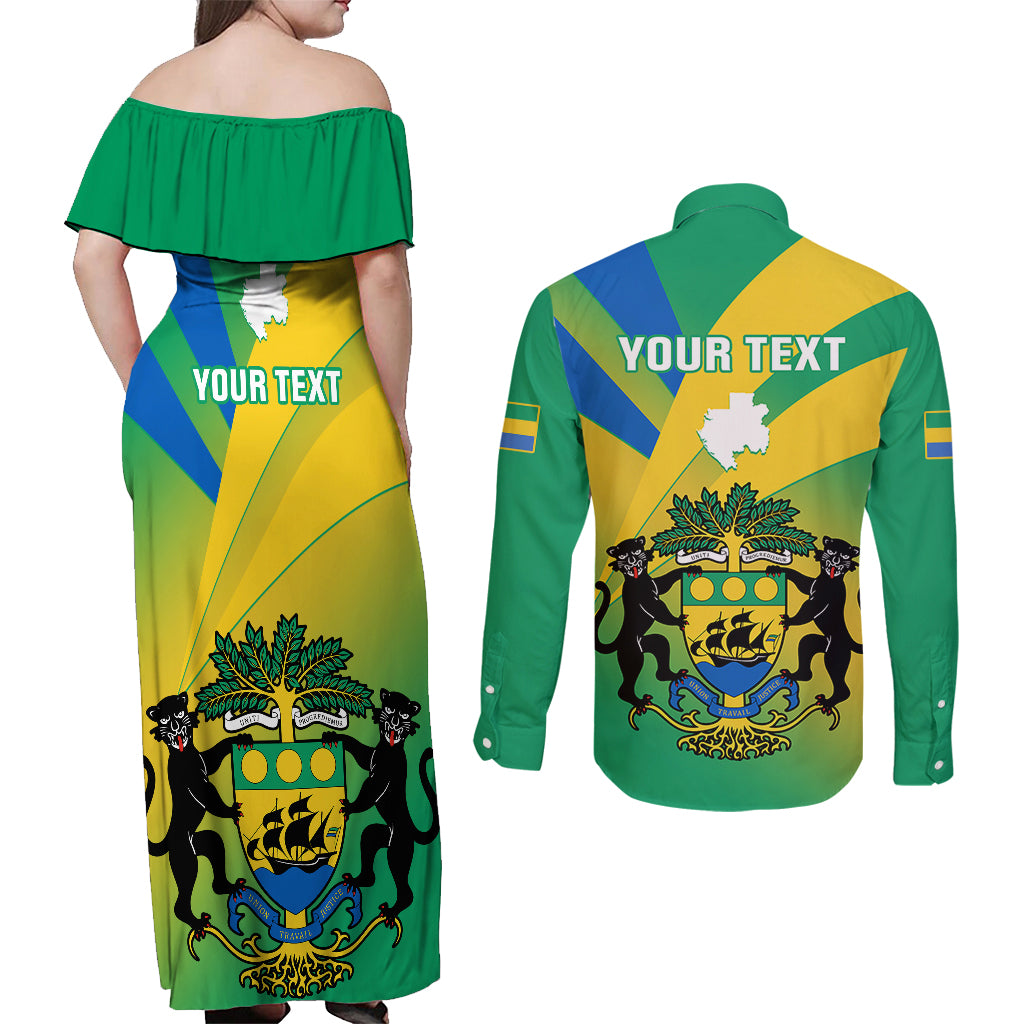 Presonalised Gabon Couples Matching Off Shoulder Maxi Dress and Long Sleeve Button Shirts Coat Of Arms With Flag Gradient Style - Wonder Print Shop