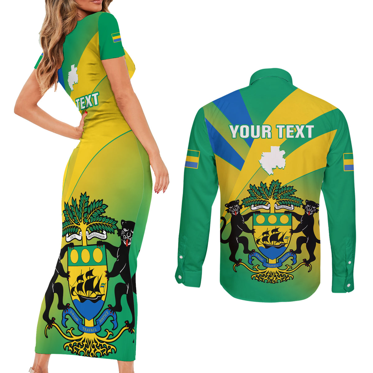 Presonalised Gabon Couples Matching Short Sleeve Bodycon Dress and Long Sleeve Button Shirts Coat Of Arms With Flag Gradient Style - Wonder Print Shop