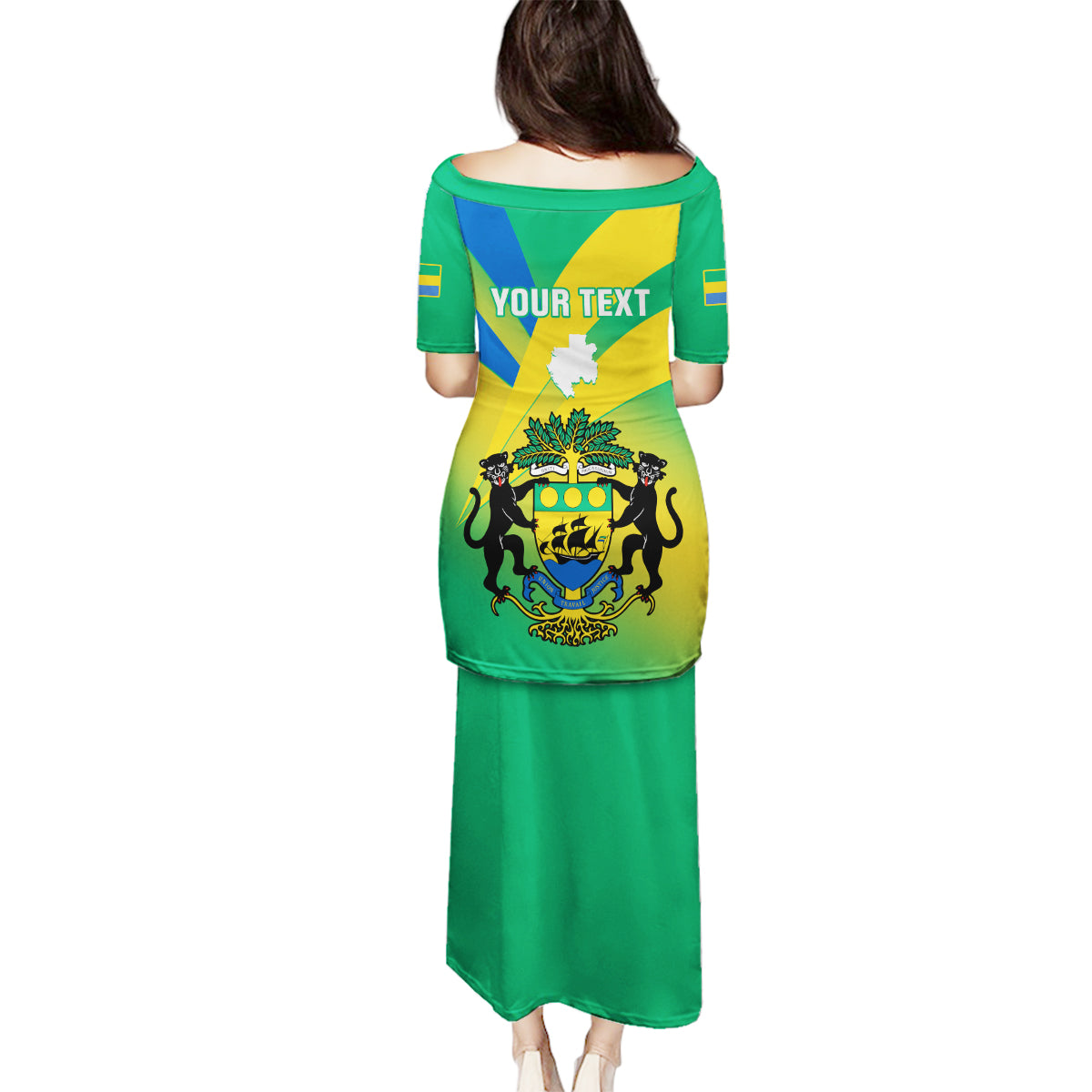 Presonalised Gabon Family Matching Puletasi Dress and Hawaiian Shirt Coat Of Arms With Flag Gradient Style - Wonder Print Shop