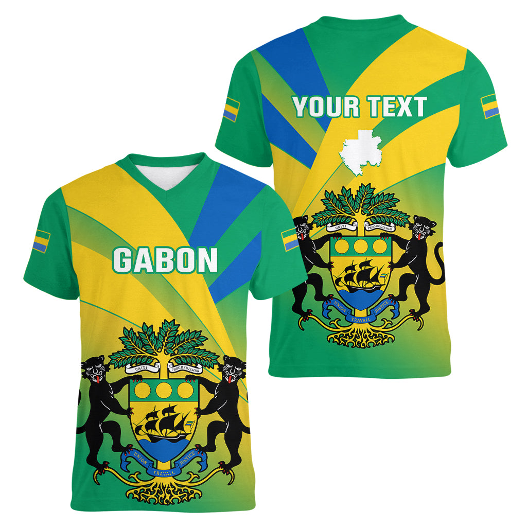 Presonalised Gabon Women V Neck T Shirt Coat Of Arms With Flag Gradient Style - Wonder Print Shop