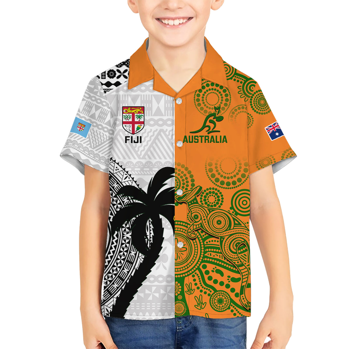 Fiji And Australia Rugby Kid Hawaiian Shirt 2023 World Cup Aboriginal Mix Tapa Pattern - Wonder Print Shop
