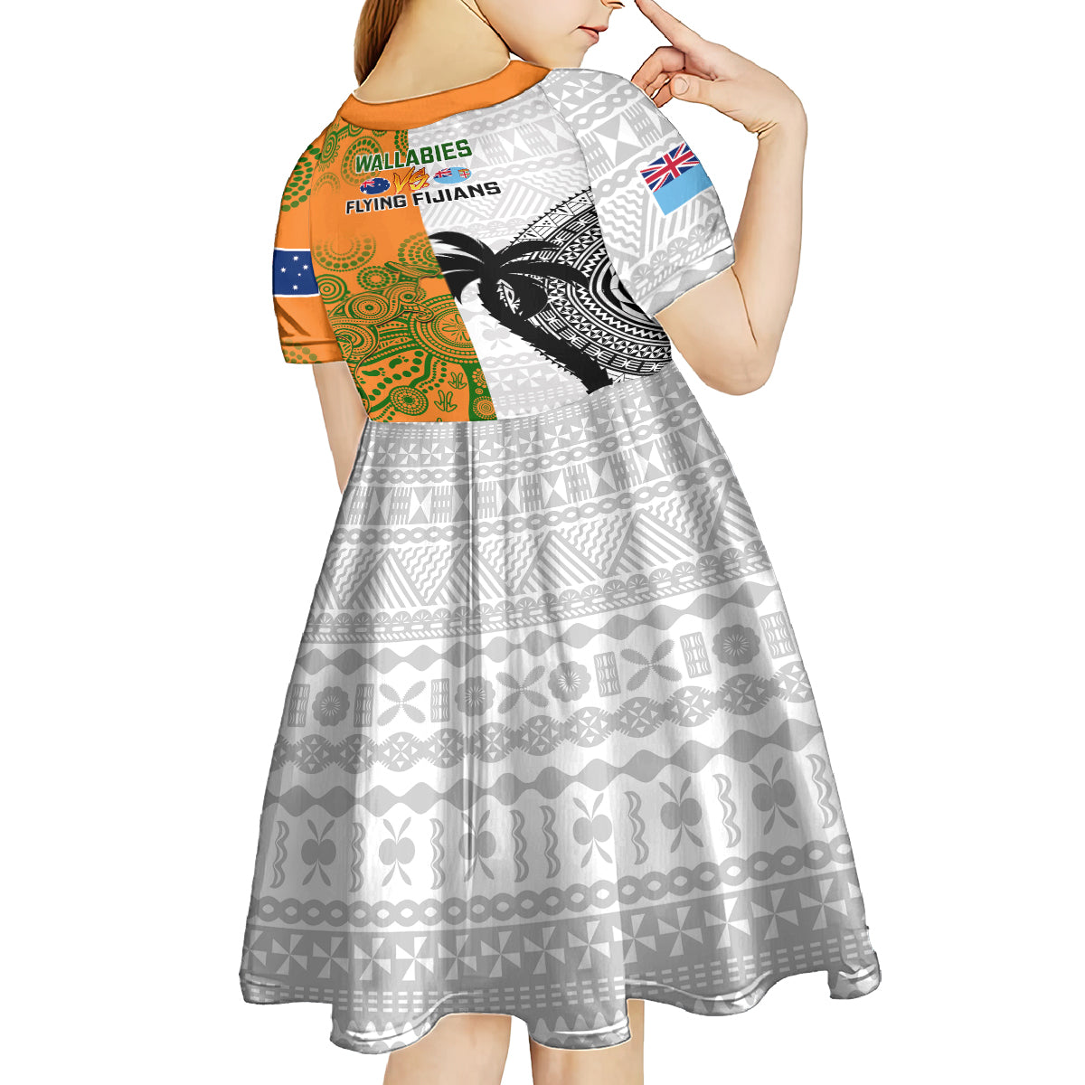 Fiji And Australia Rugby Kid Short Sleeve Dress 2023 World Cup Aboriginal Mix Tapa Pattern - Wonder Print Shop