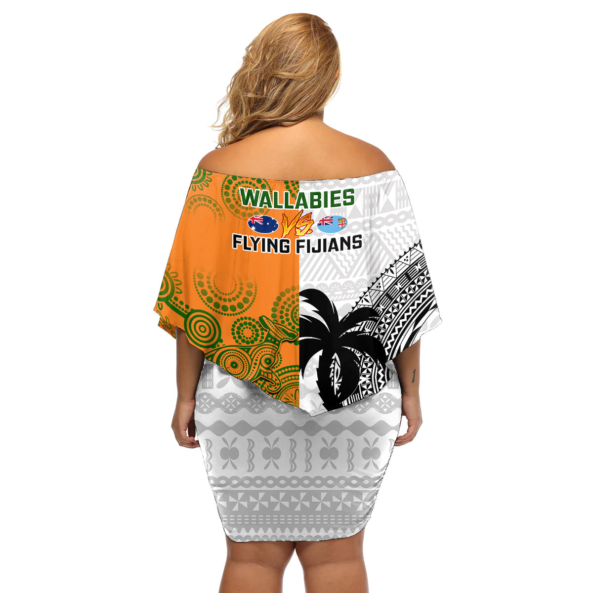Fiji And Australia Rugby Off Shoulder Short Dress 2023 World Cup Aboriginal Mix Tapa Pattern - Wonder Print Shop