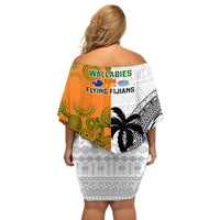 Fiji And Australia Rugby Off Shoulder Short Dress 2023 World Cup Aboriginal Mix Tapa Pattern - Wonder Print Shop
