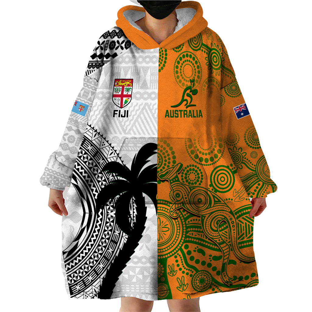 Fiji And Australia Rugby Wearable Blanket Hoodie 2023 World Cup Aboriginal Mix Tapa Pattern - Wonder Print Shop