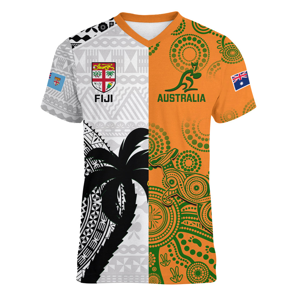 Fiji And Australia Rugby Women V Neck T Shirt 2023 World Cup Aboriginal Mix Tapa Pattern - Wonder Print Shop