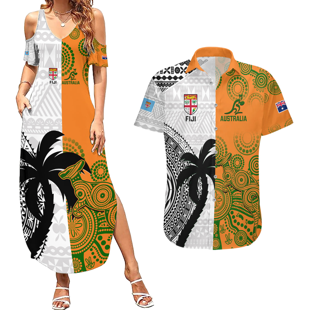 Custom Fiji And Australia Rugby Couples Matching Summer Maxi Dress and Hawaiian Shirt 2023 World Cup Aboriginal Mix Tapa Pattern - Wonder Print Shop