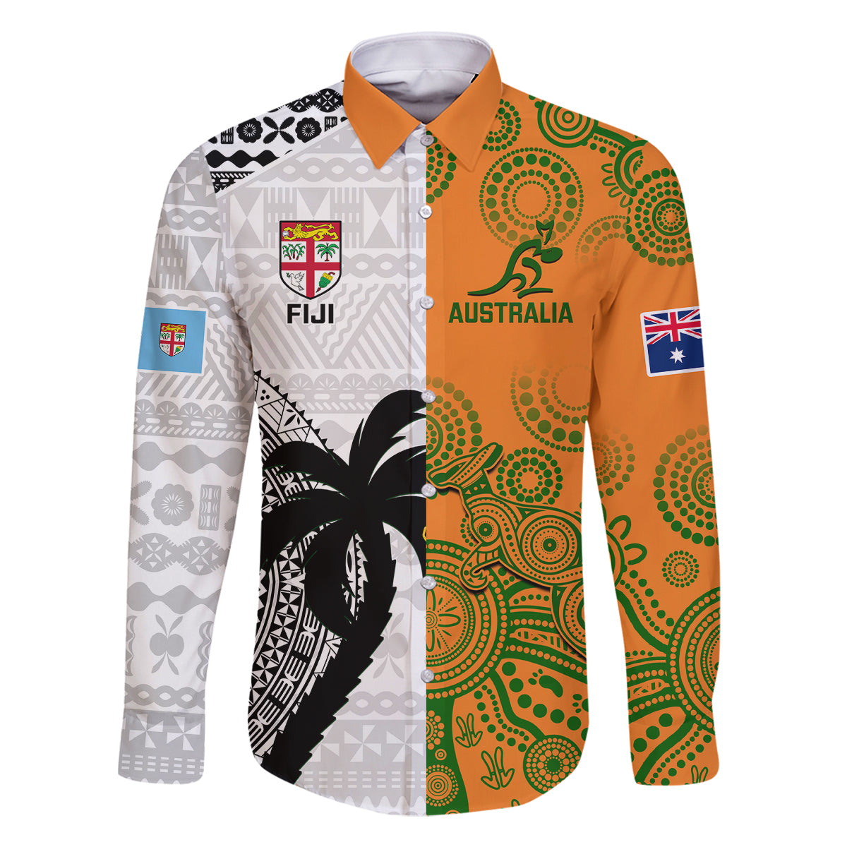 Custom Fiji And Australia Rugby Family Matching Off Shoulder Long Sleeve Dress and Hawaiian Shirt 2023 World Cup Aboriginal Mix Tapa Pattern - Wonder Print Shop