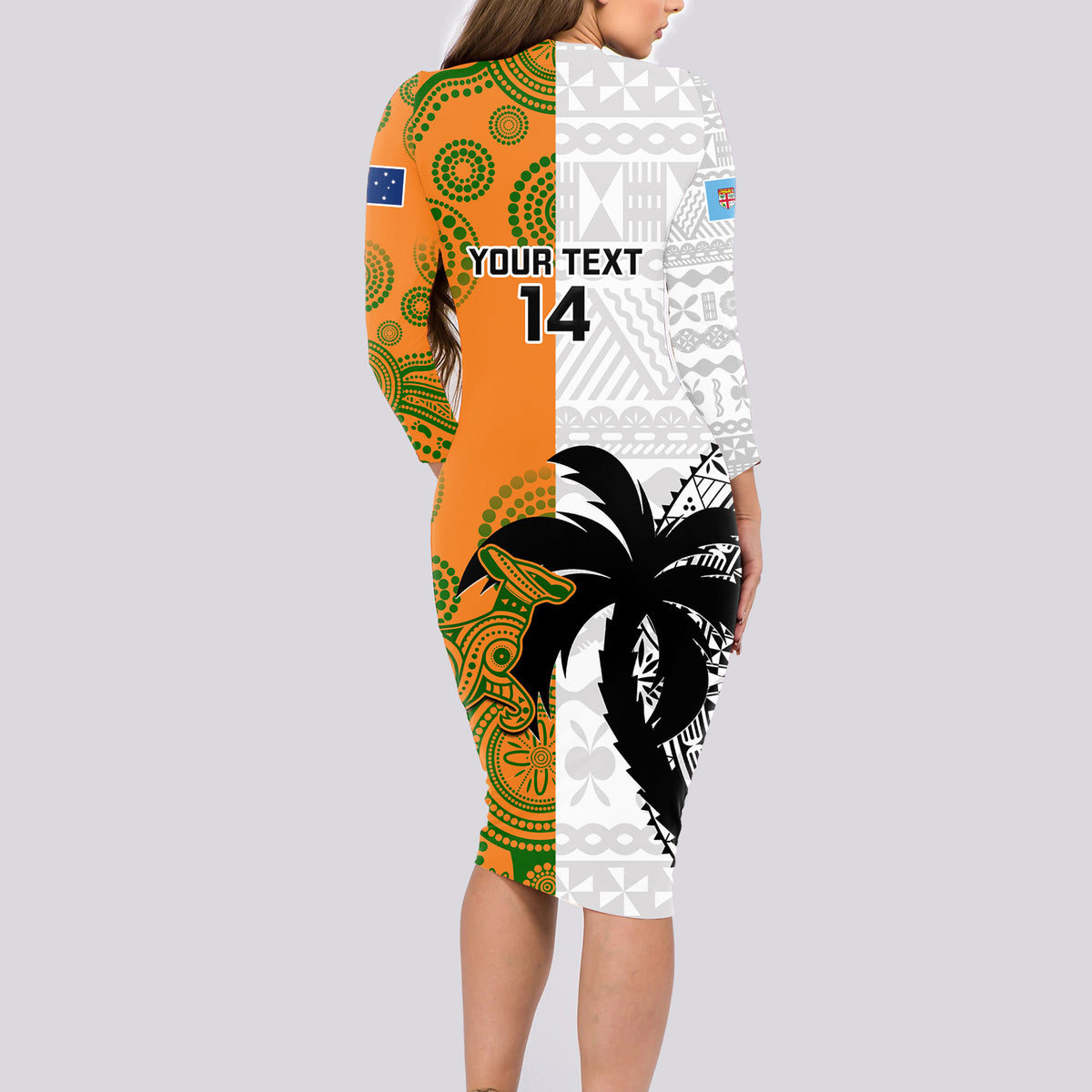 Custom Fiji And Australia Rugby Long Sleeve Bodycon Dress 2023 World Cup Aboriginal Mix Tapa Pattern - Wonder Print Shop