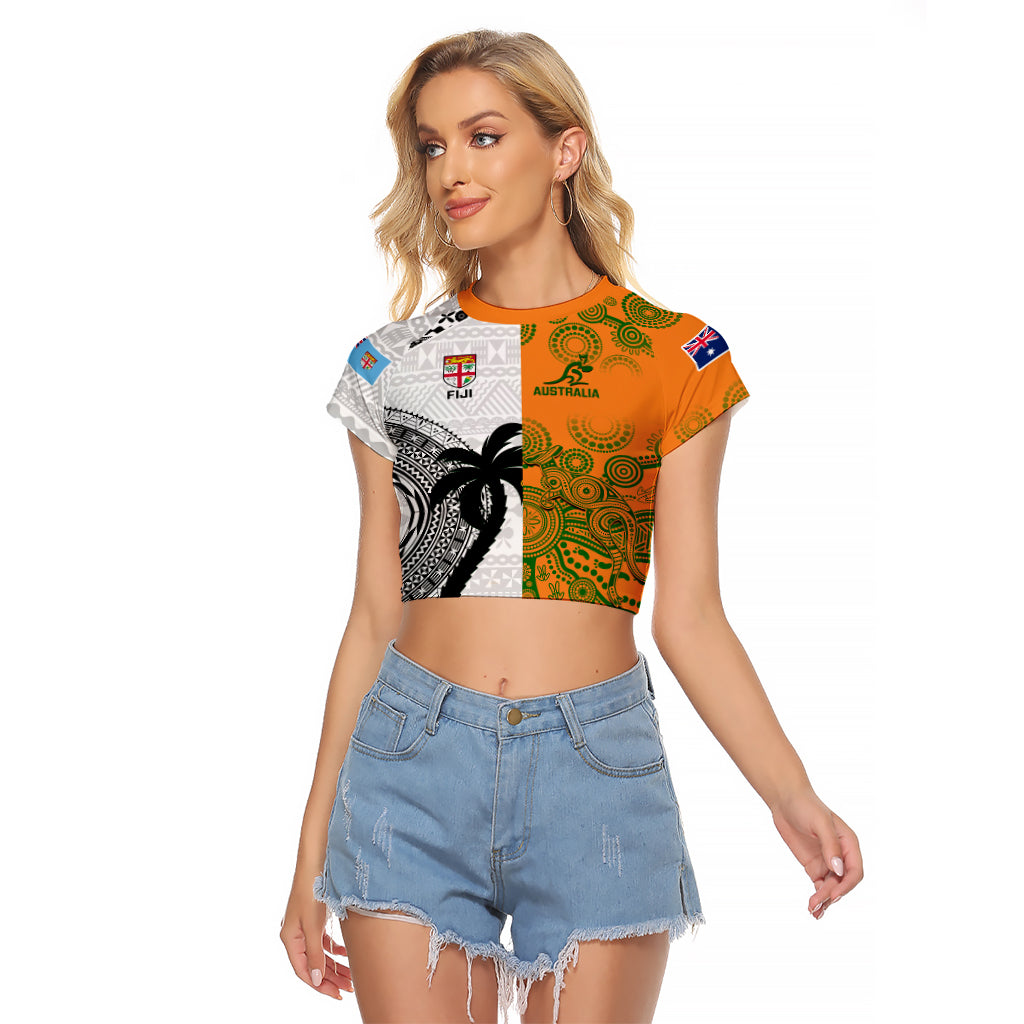 Custom Fiji And Australia Rugby Raglan Cropped T Shirt 2023 World Cup Aboriginal Mix Tapa Pattern - Wonder Print Shop
