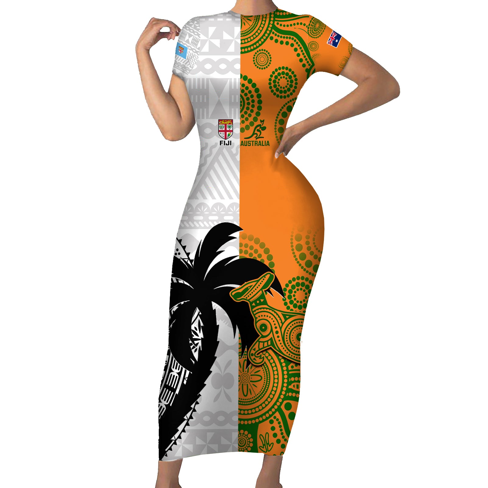 Custom Fiji And Australia Rugby Short Sleeve Bodycon Dress 2023 World Cup Aboriginal Mix Tapa Pattern - Wonder Print Shop