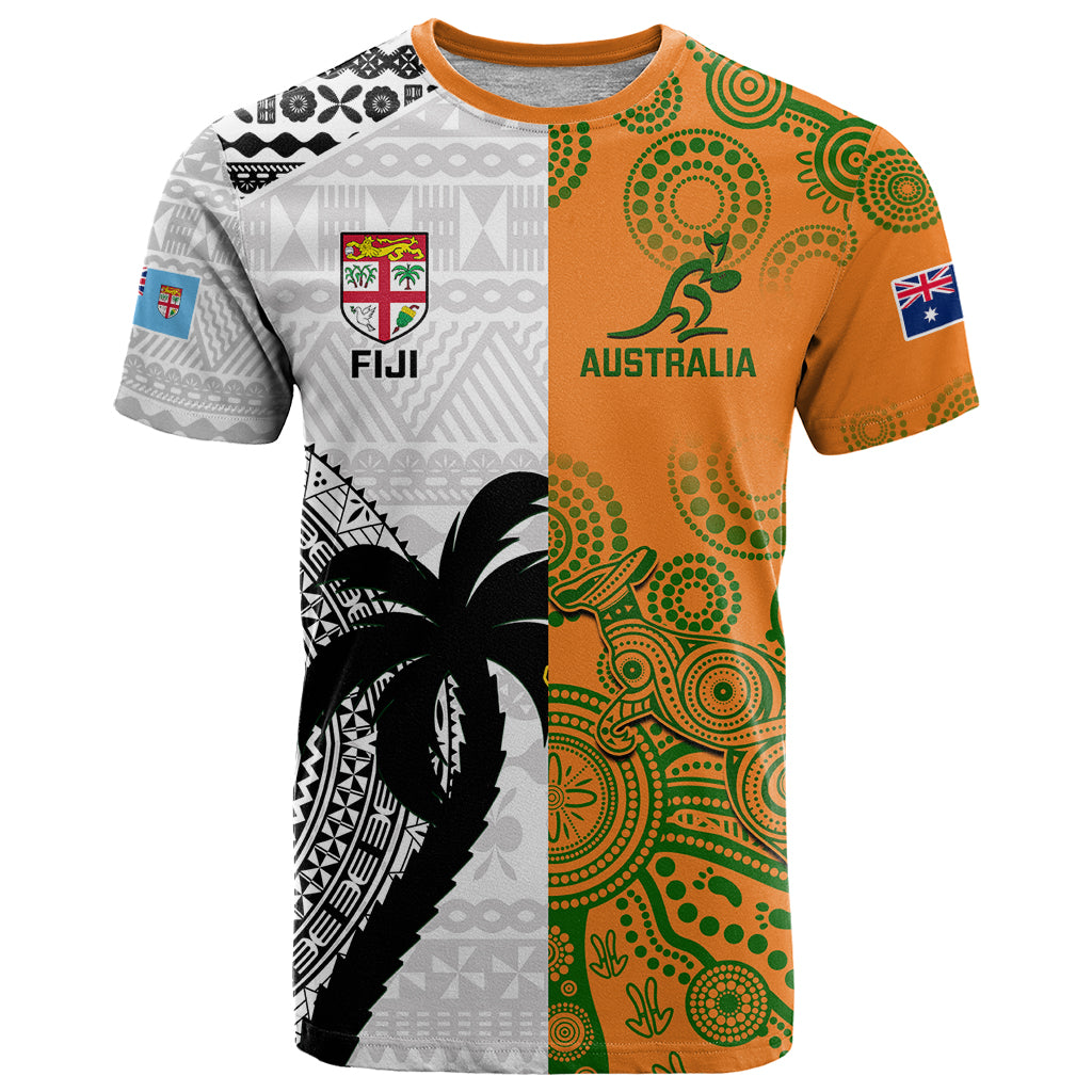 Custom Fiji And Australia Rugby T Shirt 2023 World Cup Aboriginal Mix Tapa Pattern - Wonder Print Shop
