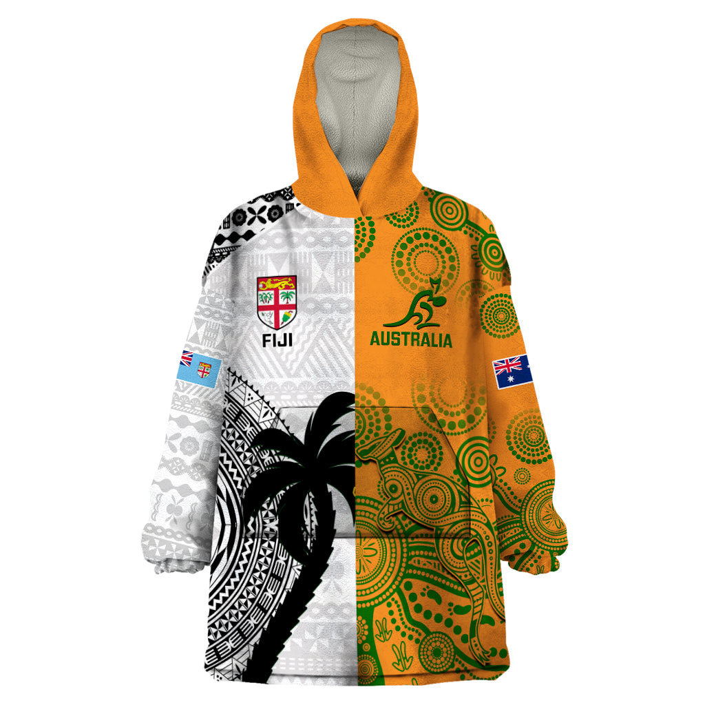 Custom Fiji And Australia Rugby Wearable Blanket Hoodie 2023 World Cup Aboriginal Mix Tapa Pattern - Wonder Print Shop