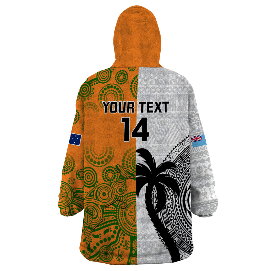 Custom Fiji And Australia Rugby Wearable Blanket Hoodie 2023 World Cup Aboriginal Mix Tapa Pattern - Wonder Print Shop