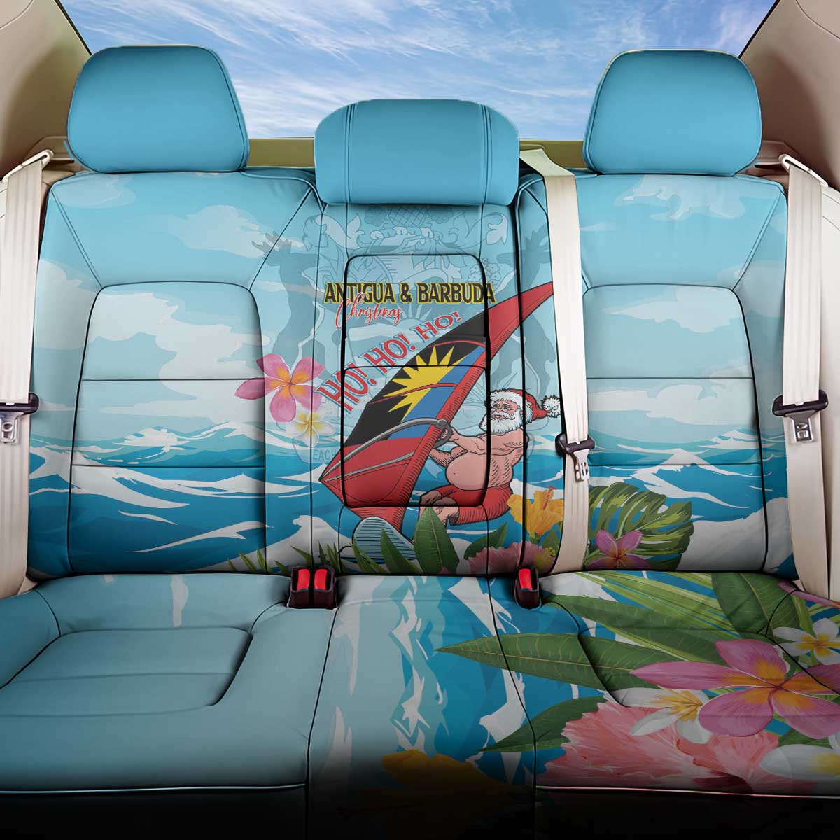 Personalized Antigua and Barbuda Christmas Back Car Seat Cover Windsurfing Santa Caribbean Tropical Style - Wonder Print Shop