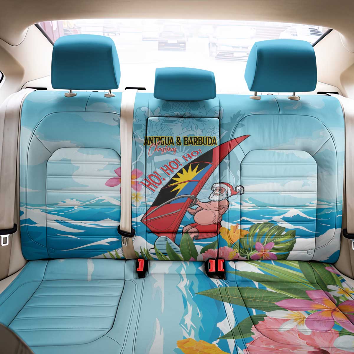 Personalized Antigua and Barbuda Christmas Back Car Seat Cover Windsurfing Santa Caribbean Tropical Style - Wonder Print Shop