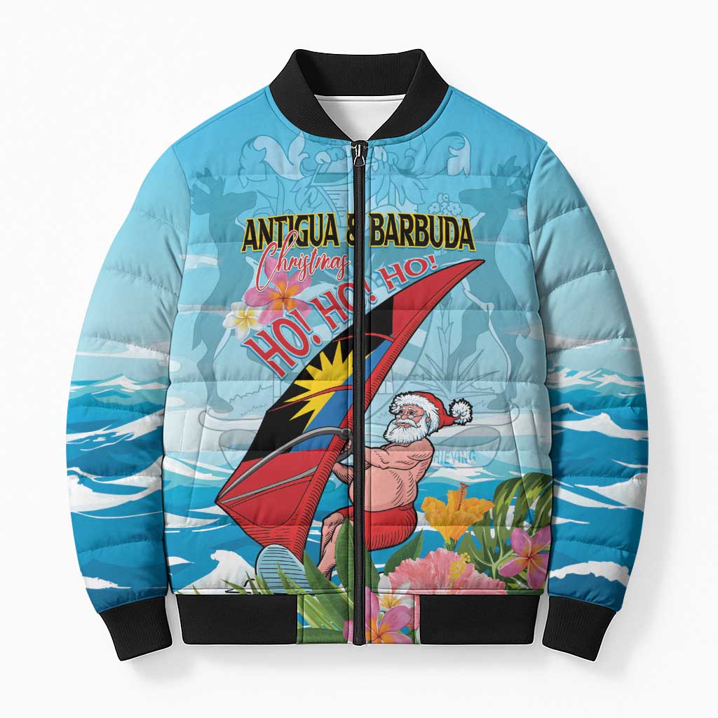 Personalized Antigua and Barbuda Christmas Bomber Puffer Jacket Windsurfing Santa Caribbean Tropical Style - Wonder Print Shop