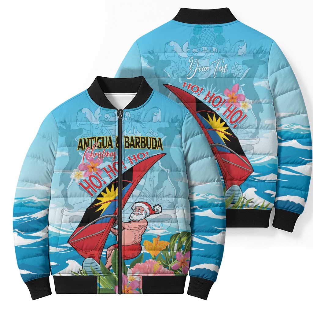 Personalized Antigua and Barbuda Christmas Bomber Puffer Jacket Windsurfing Santa Caribbean Tropical Style - Wonder Print Shop