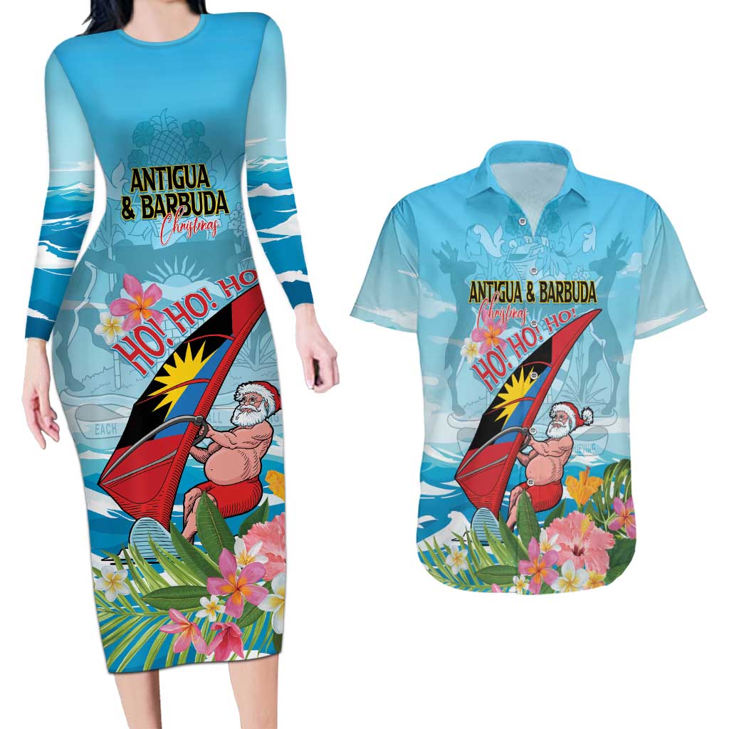 Personalized Antigua and Barbuda Christmas Couples Matching Long Sleeve Bodycon Dress and Hawaiian Shirt Windsurfing Santa Caribbean Tropical Style - Wonder Print Shop