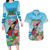 Personalized Antigua and Barbuda Christmas Couples Matching Long Sleeve Bodycon Dress and Hawaiian Shirt Windsurfing Santa Caribbean Tropical Style - Wonder Print Shop