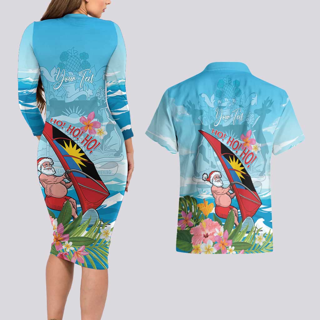 Personalized Antigua and Barbuda Christmas Couples Matching Long Sleeve Bodycon Dress and Hawaiian Shirt Windsurfing Santa Caribbean Tropical Style - Wonder Print Shop
