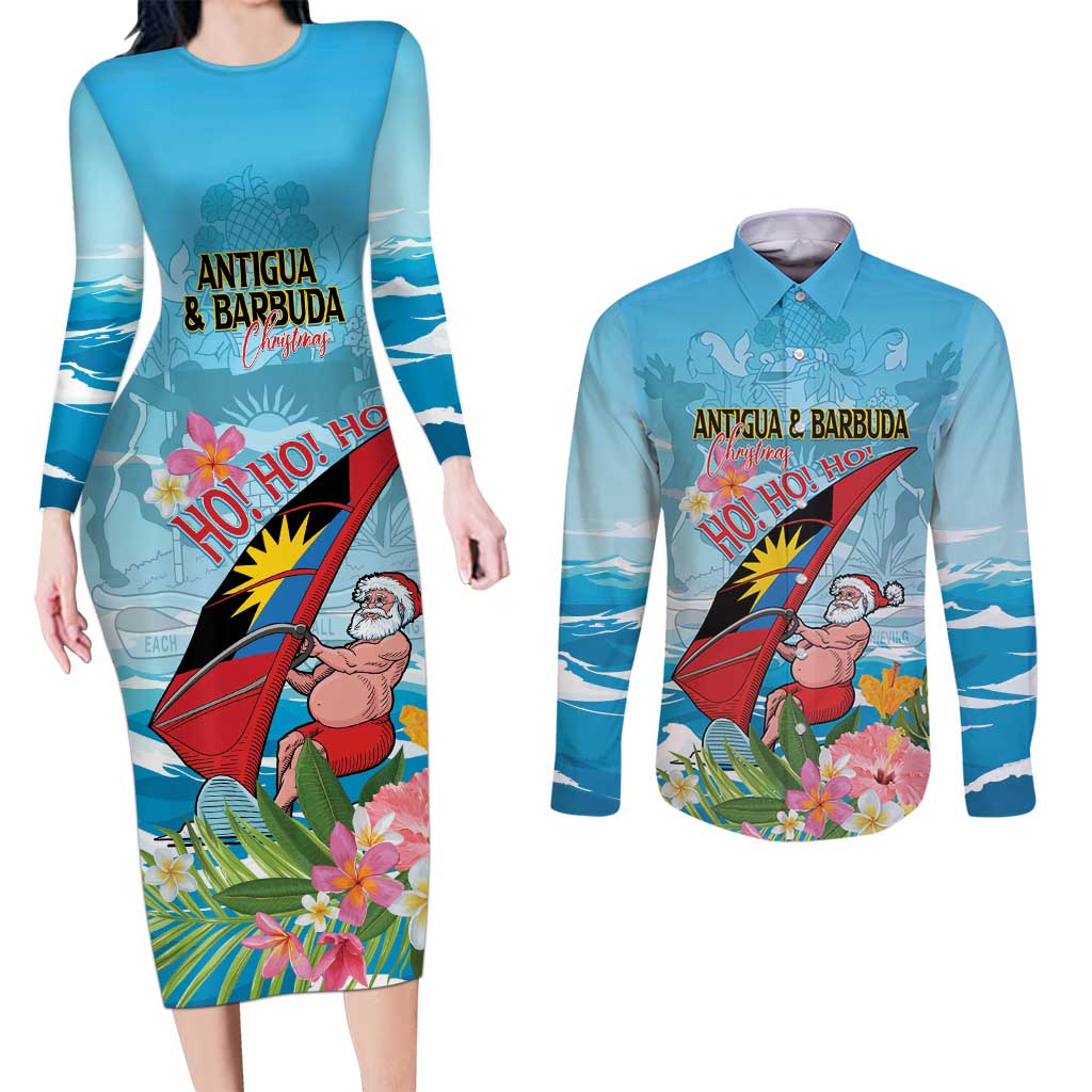 Personalized Antigua and Barbuda Christmas Couples Matching Long Sleeve Bodycon Dress and Long Sleeve Button Shirt Windsurfing Santa Caribbean Tropical Style - Wonder Print Shop