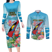 Personalized Antigua and Barbuda Christmas Couples Matching Long Sleeve Bodycon Dress and Long Sleeve Button Shirt Windsurfing Santa Caribbean Tropical Style - Wonder Print Shop